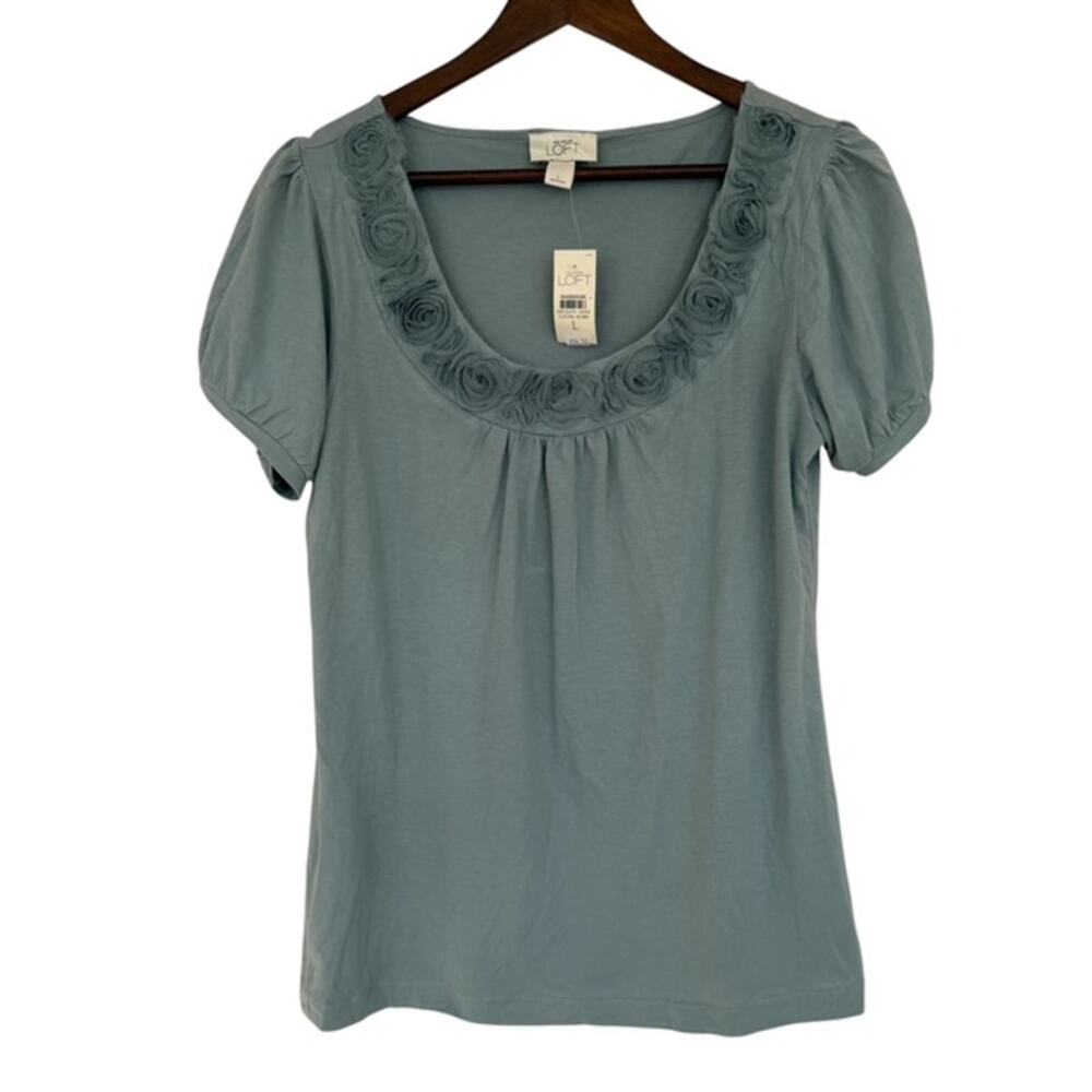 Loft Sage Green Short Sleeve Tee with Rosette Trim - Medium NWT